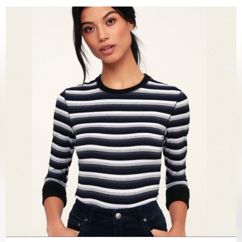 Free People Good on You Grey/Navy Striped Three Quarter Sleeve Tee Size Large